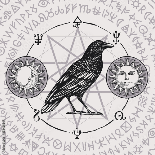 Banner on the witchcraft theme with wise black Crow in vintage style. Vector illustration with sorcery Raven on background of star, sun, moon and scribbles written in a circle, imitating magic symbols