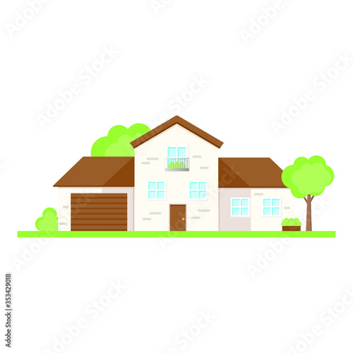 This is a facade of the house is with a garage.  Vector illustration.