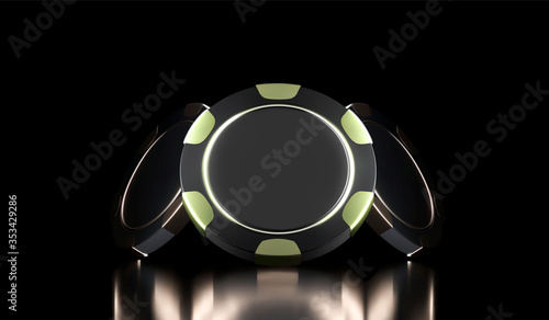 Casino background. Casino game 3D chips. Online casino banner. Black and gold realistic chip. Gambling concept, poker mobile app icon.
