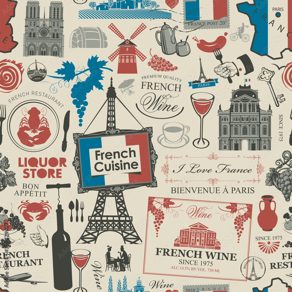 Vector abstract seamless pattern on the theme of France and French cuisine in the colors of the French flag in retro style. Suitable for wallpaper, wrapping paper, fabric, background, package
