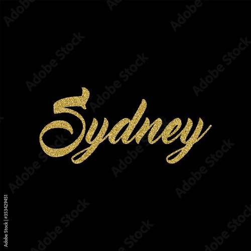 Sydney city name calligraphy text with golden glitter particles on black background