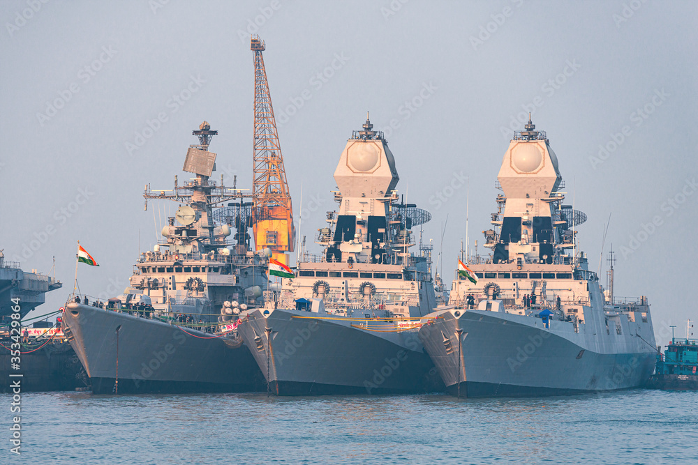 01/07/2020 Mumbai. India. three warships of the Indian Navy anchored in Mumbai