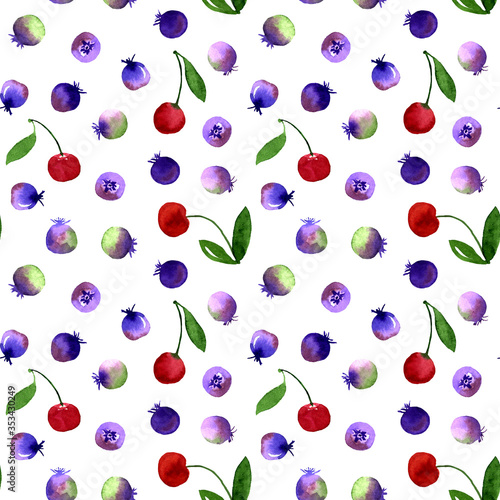 Cherry blueberry ripe red marsala blue purple watercolor seamless pattern. Endless print for textile, clothes, fashion fabric, linens, dress, cover, wallpaper. Hand painted art in modern trendy style.