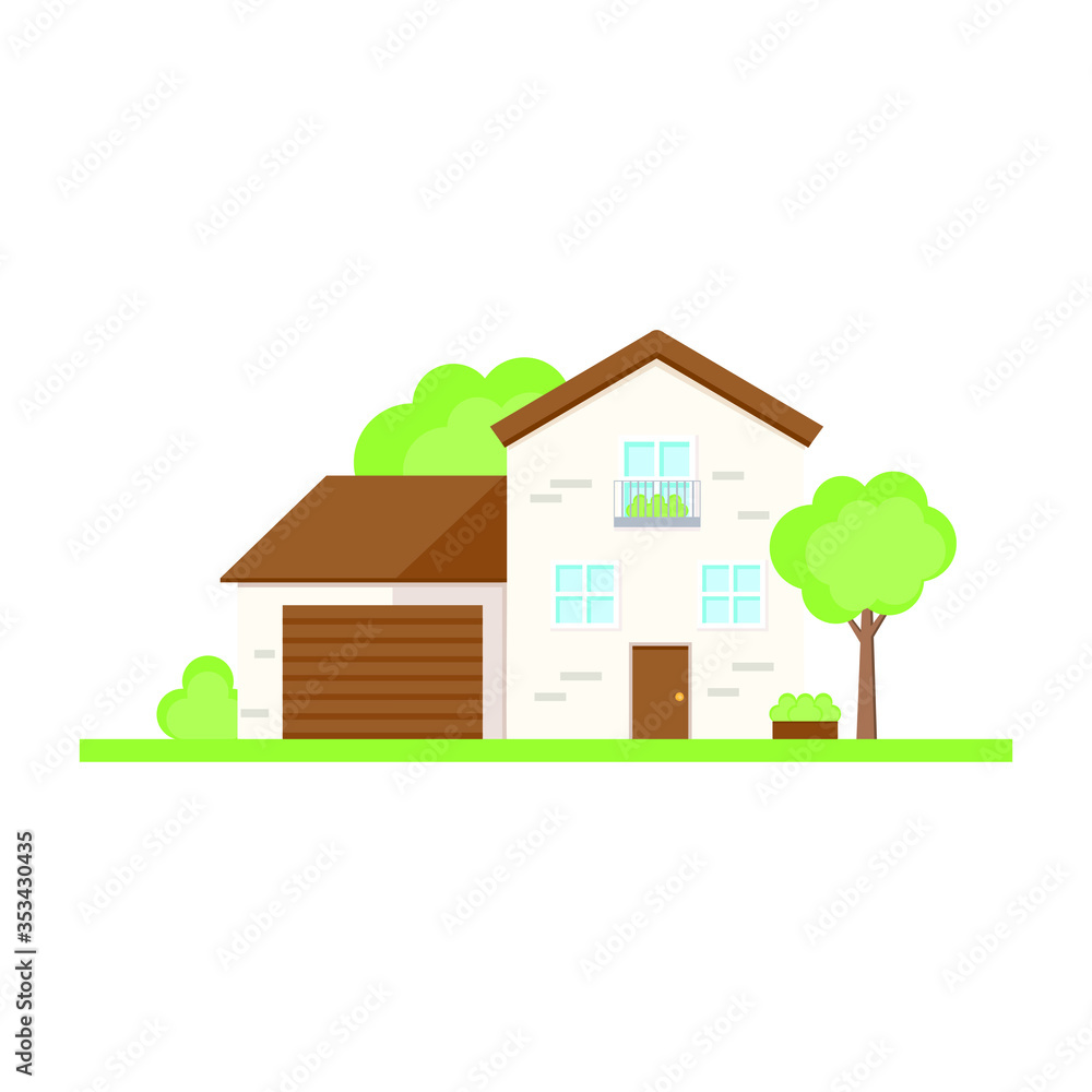 This is a facade of the house is with a garage.  Vector illustration.