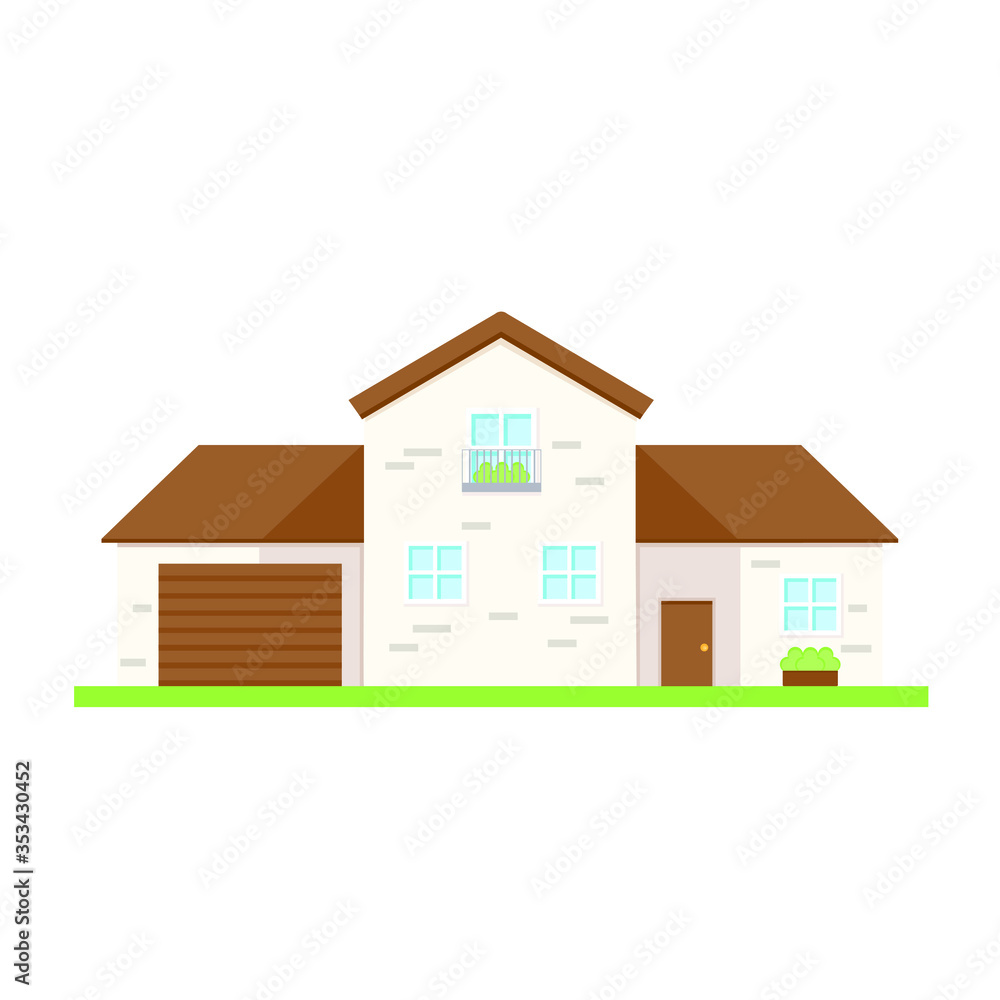 This is a facade of the house is with a garage.  Vector illustration.