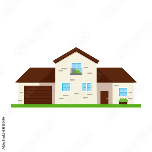 This is a facade of the house is with a garage.  Vector illustration.