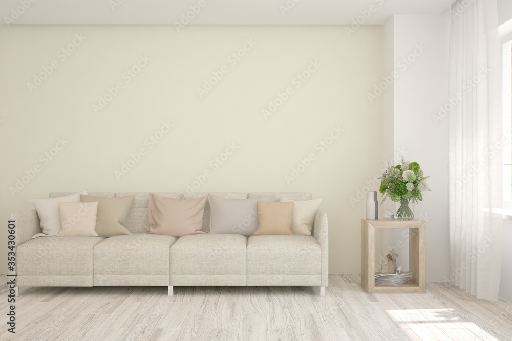 Fototapeta premium White living room with sofa. Scandinavian interior design. 3D illustration