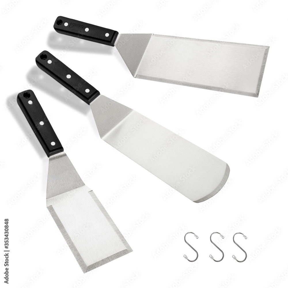 Barbecue and grill tools set on White Background, spatula blade scraper bottle tongs hook Barbecue and grill tools set on White Background, spatula blade scraper bottle tongs hook