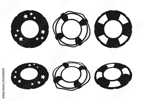Set of lifebuoy and swimming rings. Black silhouettes, top view and perspective view, isolated on a white background. Summer sea vacation symbol and water safety. Simple vector icon for design