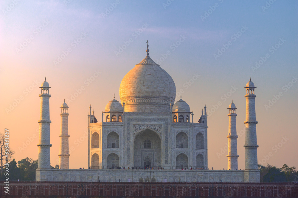 Obraz premium Taj Mahal is a UNESCO World heritage site and one of 7th Wonder of the World.view from Mehtab Bagh opposite bank of Yamuna river, in Agra city, Uttar Pradesh, India