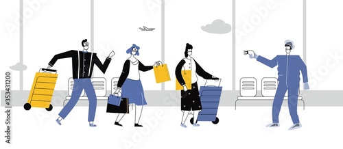 Medical worker,Employee of the sanitary quarantine station an unsanitary suit checks the temperature of arrivals at the airport.Novel coronavirus (2019-nCoV),male and female.Flat style illustration
