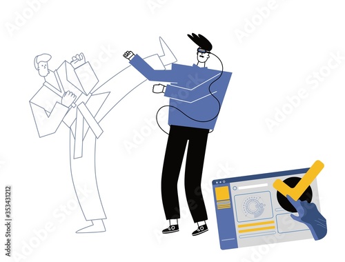 man in virtual reality glasses playing with software ,fights. Virtual reality and entertainment concept.