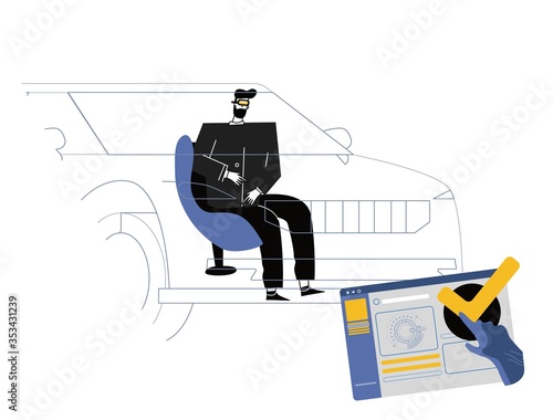 a man wearing virtual reality glasses drives a car with software. Virtual reality and entertainment concept.