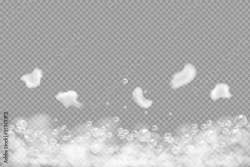 Bath foam isolated on transparent background. Shampoo bubbles texture.Sparkling shampoo and bath lather vector illustration.