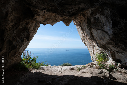 View looking out from one of the Goats Hair Twin Caves in Gibraltar