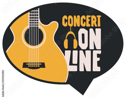 Vector music banner in form of speech bubble for an online concert with a guitar and headphones. Suitable for advertising, poster, web banner, flyer, invitation, sticker, web page, design element