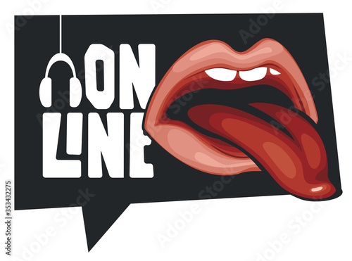 Vector music banner in form of speech bubble for online broadcasting with a human mouth and a protruding tongue. Suitable for advertising, poster, flyer, invitation, sticker, web page, design element