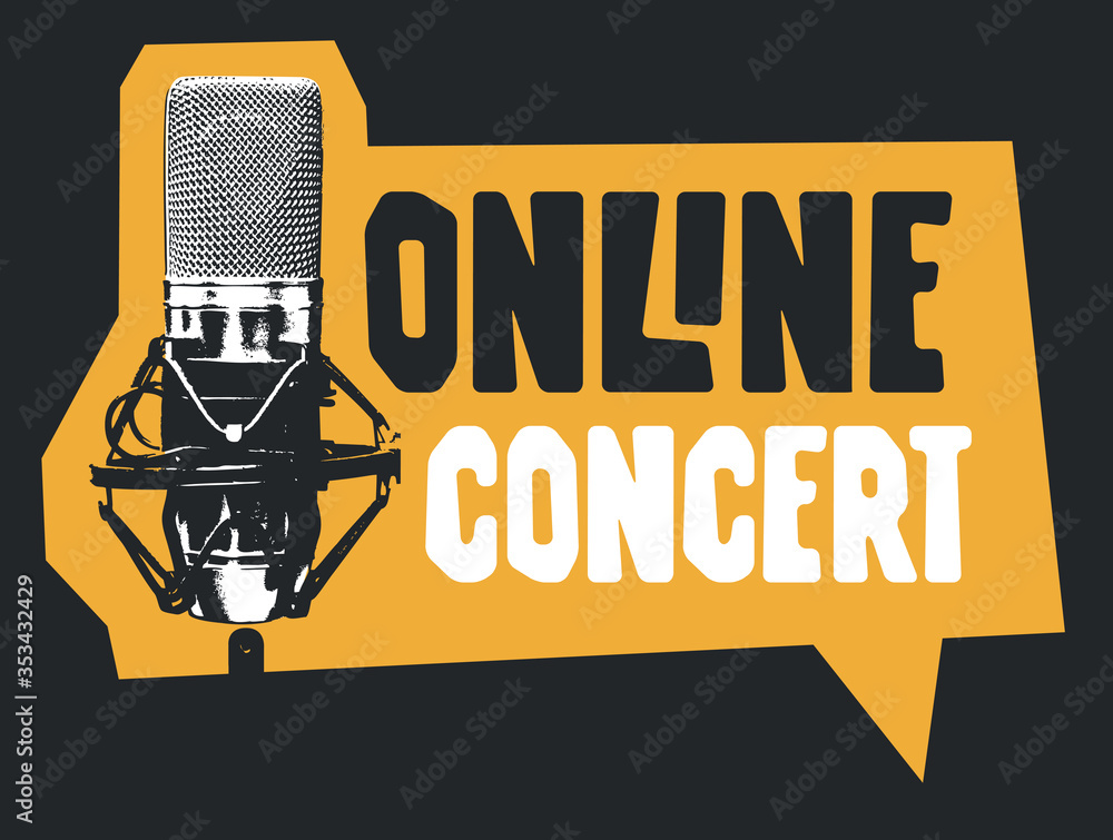 Fototapeta premium Vector music banner in the form of speech bubble for an Online concert with a studio microphone and lettering. Suitable for advertising, poster, flyer, invitation, web page, sticker, design element