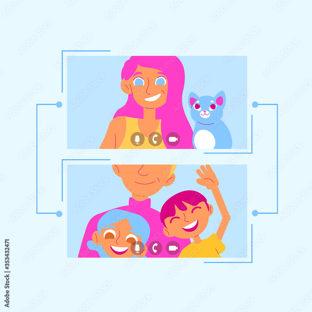 Fototapeta premium Keep in touch (flat vector line banner, poster). Girl with a cat has a video call with her family