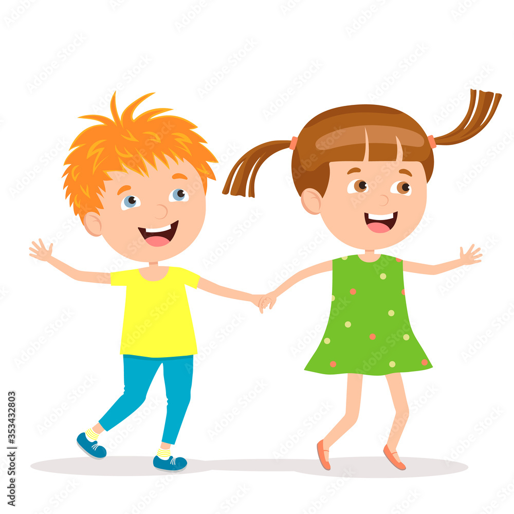 Girl and boy holding hands happy walk together. Girl and boy holding hands happy walk together.