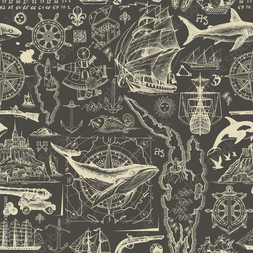Vector abstract seamless pattern on the theme of travel, adventure and discovery. Vintage background with hand-drawn sketches of sailboats, old maps, anchors, fishes. Drawing chalk on the blackboard