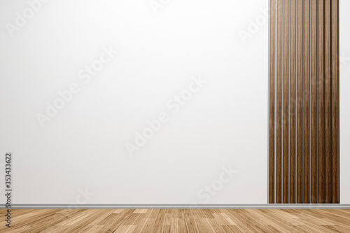 Idea of a white empty scandinavian room interior with wooden floor. Home nordic interior. 3D illustration © Thanasate
