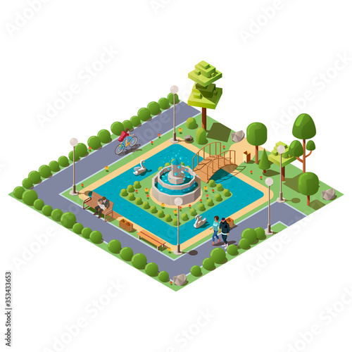Isometric green city park with people, pond, bridge, plants, benches and fountain in centre vector illustration. A zone of rest and relaxation for family. Outdoor public park concept with characters