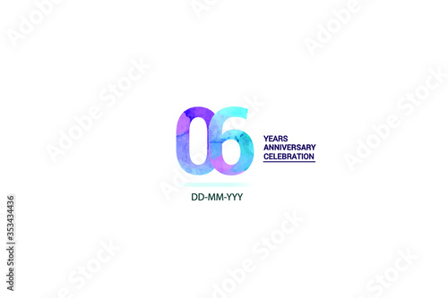 6 years anniversary celebration logotype. anniversary logo with watercolor purple and blue isolated on white background, vector design for celebration, invitation card, and greeting card-vector