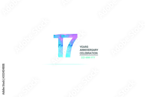 17 years anniversary celebration logotype. anniversary logo with watercolor purple and blue isolated on white background, vector design for celebration, invitation card, and greeting card-vector