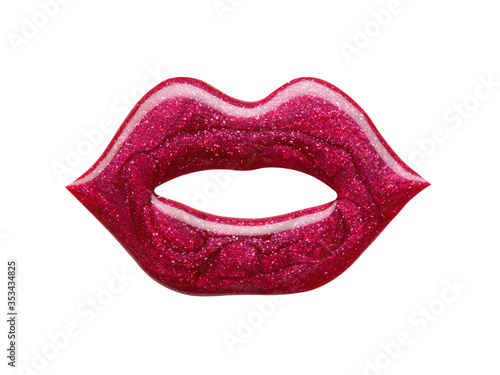 Blot of red nail polish shaped lips isolated on white