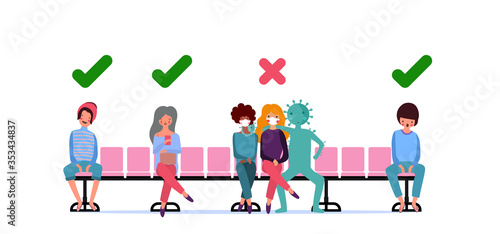 New normal behavior after covid-19, The concept of preventing coronavirus covid-19 infection,Social distancing,Cute character,Pink cheek,Rosy cheek,people keep physical distancing to protect infection