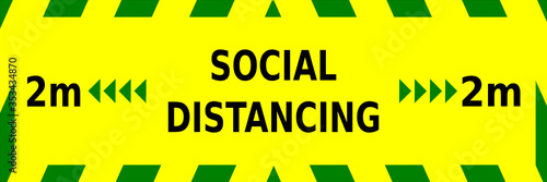 Green and yellow vector graphic, warning to keep two metres apart whilst social distancing during the corona virus outbreak.