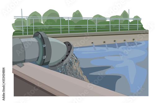 Wastewater treatment plant. Wastewater released from industrial plants. Environmental pollution. Dirty water from industrial metal pipes. Pipe with sludge pouring out into water. Vector illustration