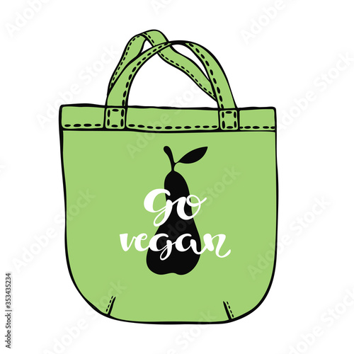 Bag with pear and lettering go vegan. Healthy food concept. Hand drawn vector illustration.