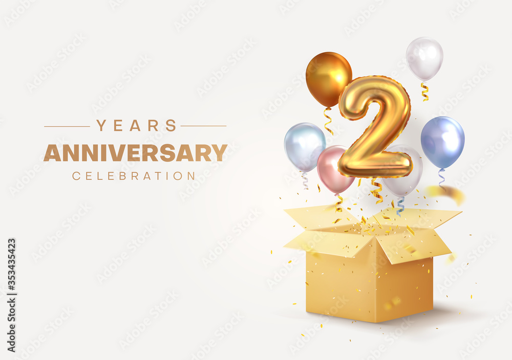 Celebrating the second anniversary. Balloons with sparkling confetti flying out of a box, number 2. Birthday or wedding decorations. Vector illustration - obrazy, fototapety, plakaty 