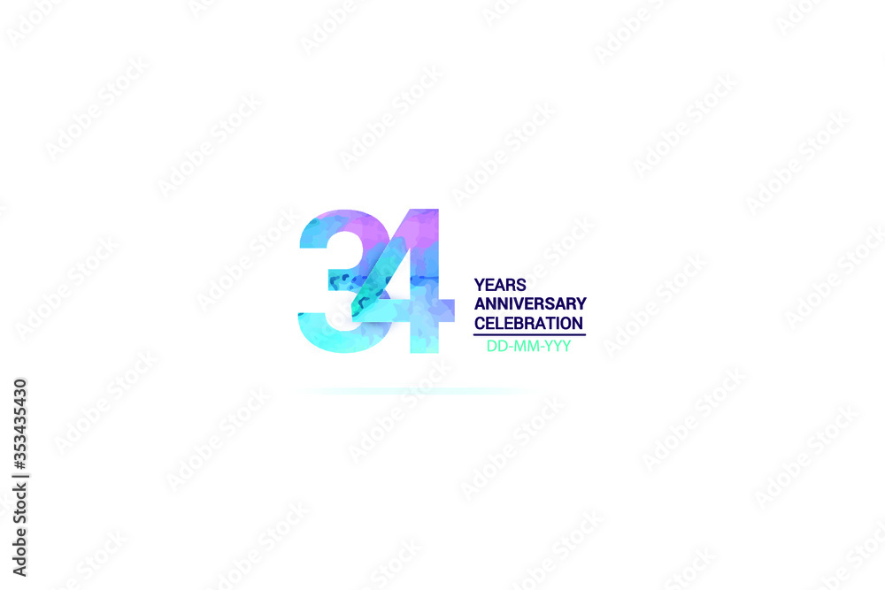 34 years anniversary celebration logotype. anniversary logo with watercolor purple and blue  isolated on white background, vector design for celebration, invitation card, and greeting card-vector