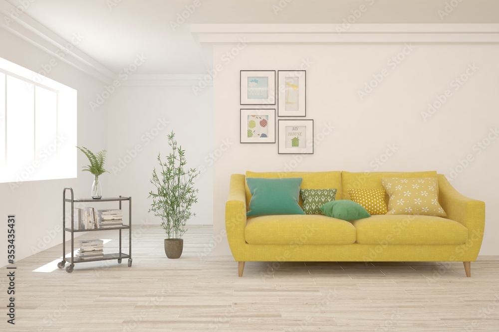 Fototapeta premium White living room with sofa. Scandinavian interior design. 3D illustration