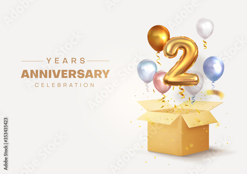 Celebrating the second anniversary. Balloons with sparkling confetti flying out of a box, number 2. Birthday or wedding decorations. Vector illustration