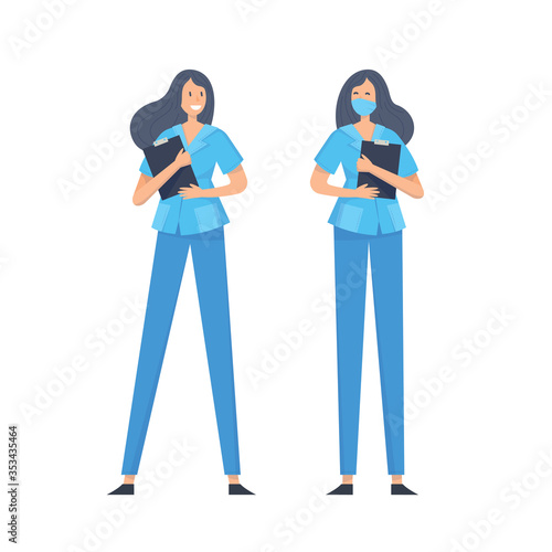 Doctors without mask and in mask. Medical workers on a white background. Hospital staff. Vector illustration in a flat style.