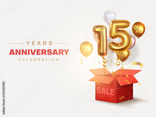 Celebrating the Fifteenth Anniversary. Balloons with sparkling confetti flying out of a box, number 15. Sale. Birthday or wedding decoration. Holiday discount. Vector illustration