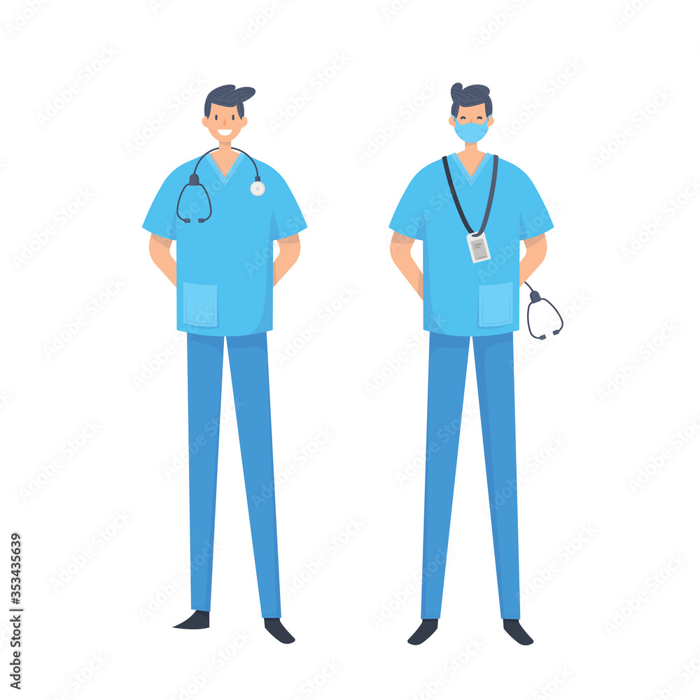 Doctors without mask and in mask. Medical workers on a white background. Hospital staff. Vector illustration in a flat style. Doctors without mask and in mask. Medical workers on a white background. Hospital staff. Vector illustration in a flat style.
