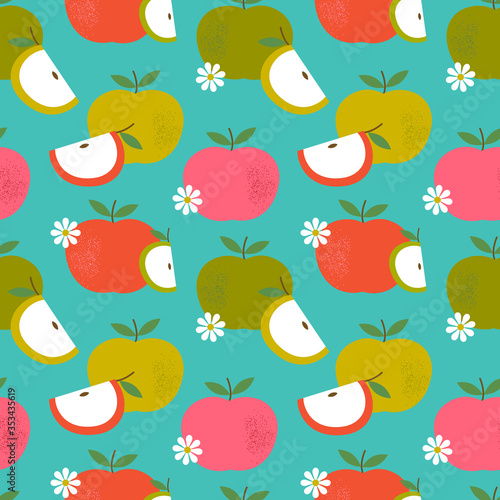 retro seamless apple and flower vector background pattern