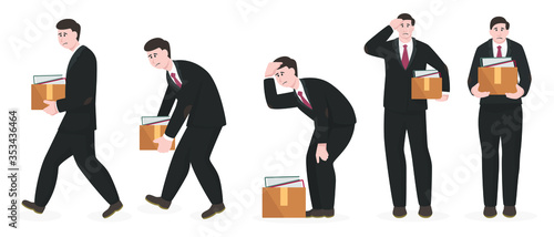 Set of fired employee holds personal belongings box, simple business people concept on white background for your design work, presentation, website or others.