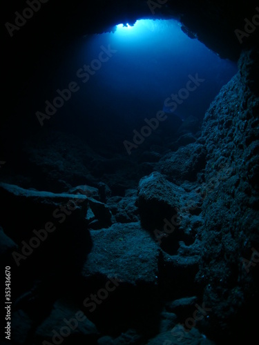 Photography underwater cave and sun light out side beams and rays