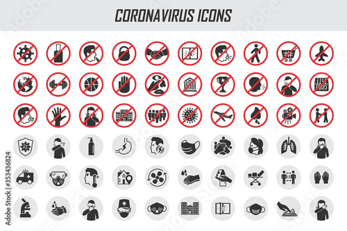 Big set of coronavirus icons. Preventive virus protection measures, quarantine icons, prohibition symbols, virus prevention