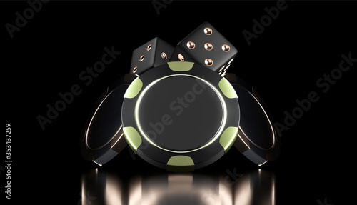Vector Casino background. Casino game 3D chips and dice. Online casino banner. Black and gold realistic chip. Gambling concept, poker mobile app icon.