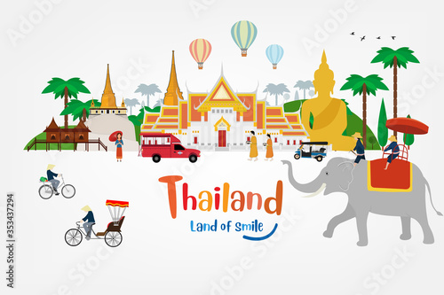 Thailand land fo smile with attractions, landmarks. vector illustration
