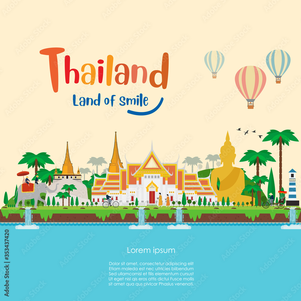 Tropical island. Welcome to Thailand culture and landmarks. Vector illustration