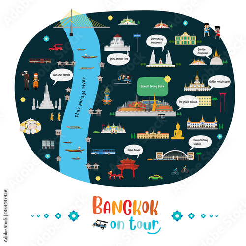 Tourist Map of Bangkok, Thailand with Landmarks. Vector illustration