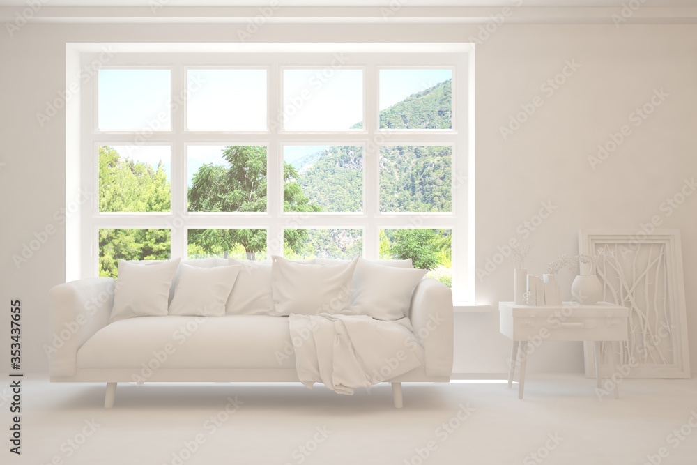 White living room with sofa and summer landscape in window. Scandinavian interior design. 3D illustration White living room with sofa and summer landscape in window. Scandinavian interior design. 3D illustration